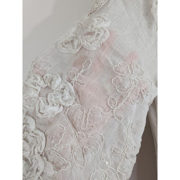 Tempo Paris Ivory Boho Tunic 3D Flowers Sequins Flowy Fairy 3/4 Sleeve Sz L - Picture 4 of 11